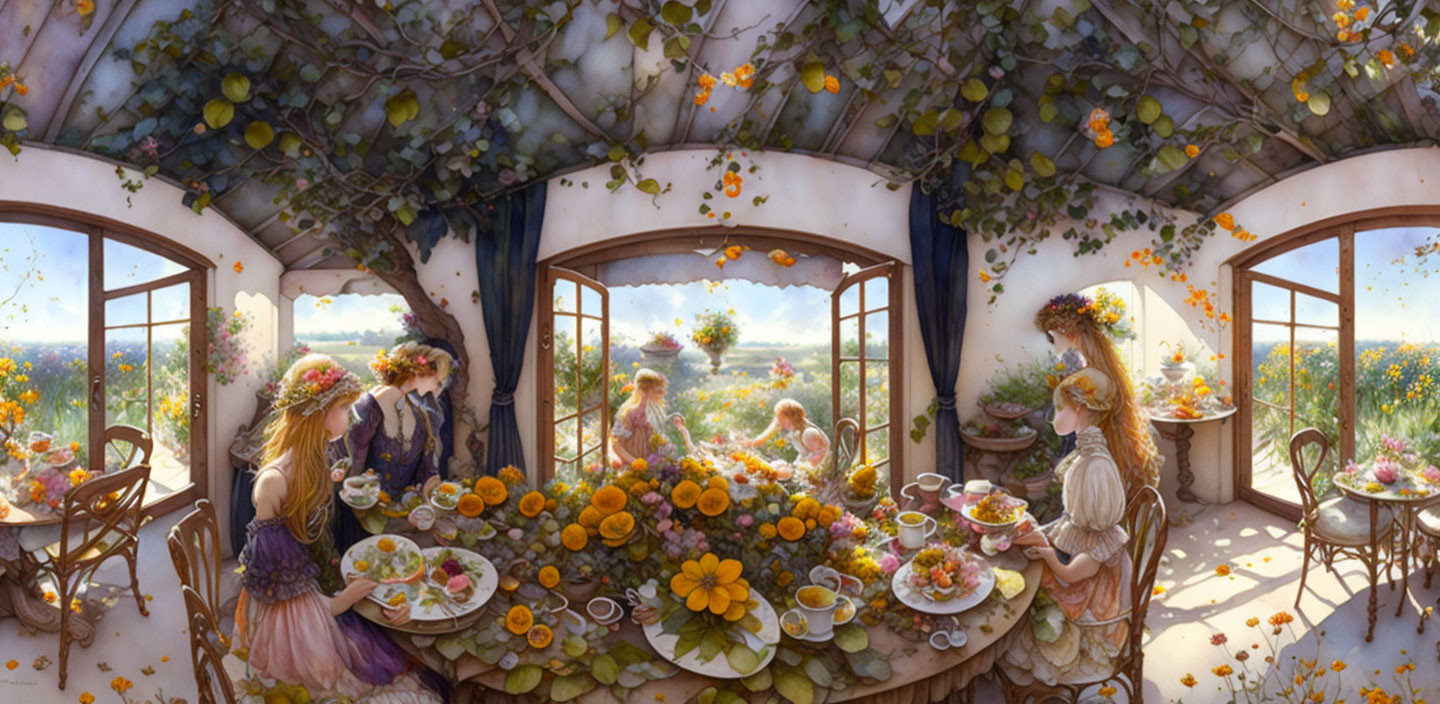 Individuals enjoying a tea party in a sunlit pergola with a view of a tranquil meadow