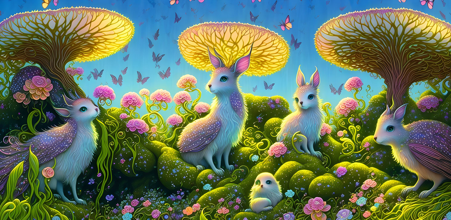 Enchanting landscape with glowing mushroom-capped deer, lush greenery, and starry sky