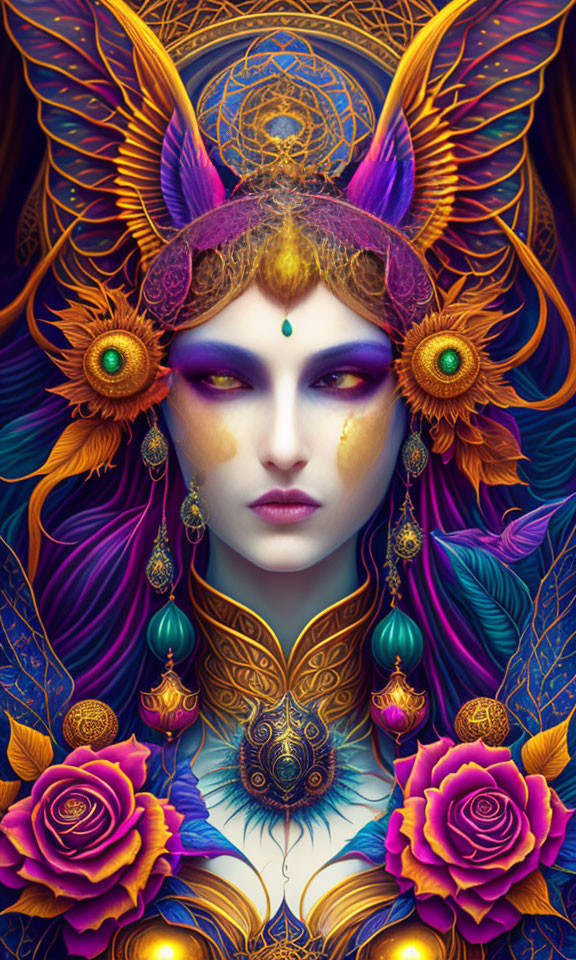 Vibrant digital artwork of mystical female figure with purple and gold details