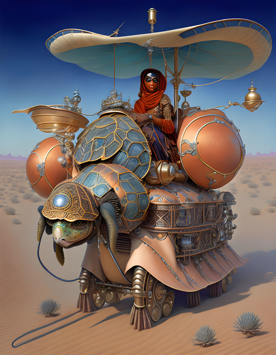 Person riding giant mechanical turtle in desert landscape.