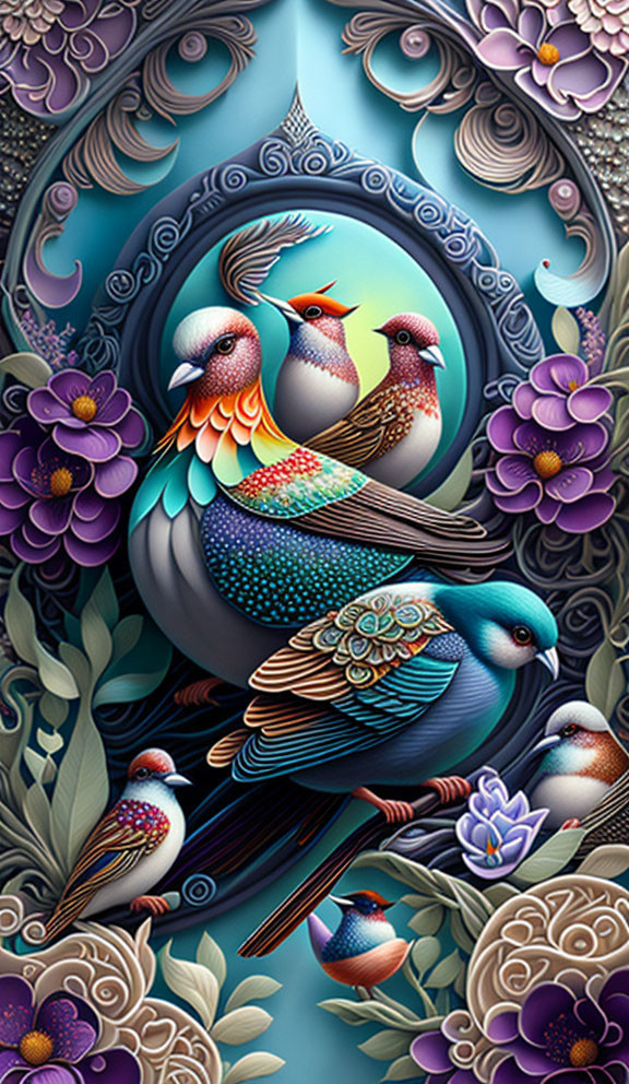 Colorful Digital Artwork: Birds and Floral Patterns