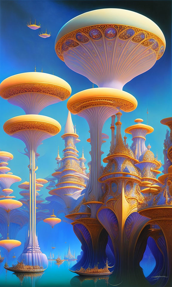 Fantastical landscape with towering mushroom-like structures and ornate buildings