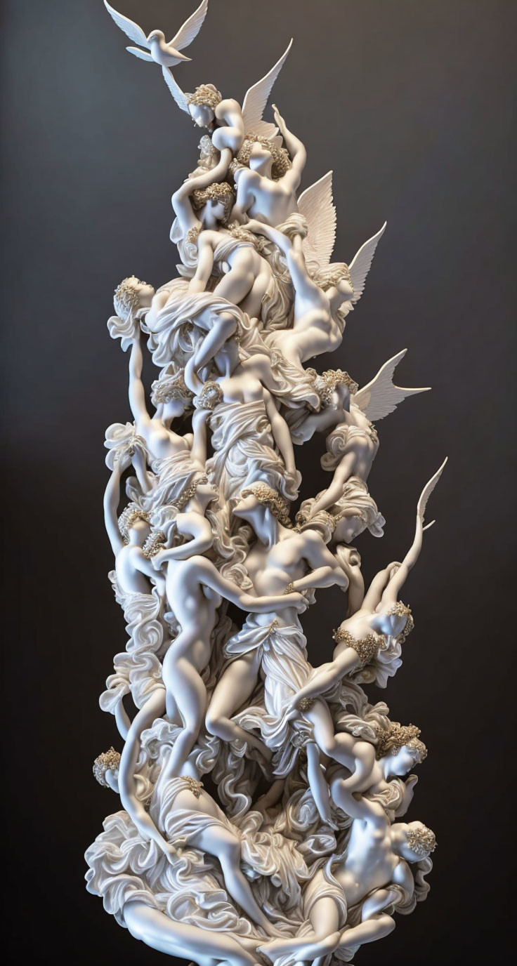 Vertical Surreal Human Figure Sculpture with Drapery and Ornamental Details