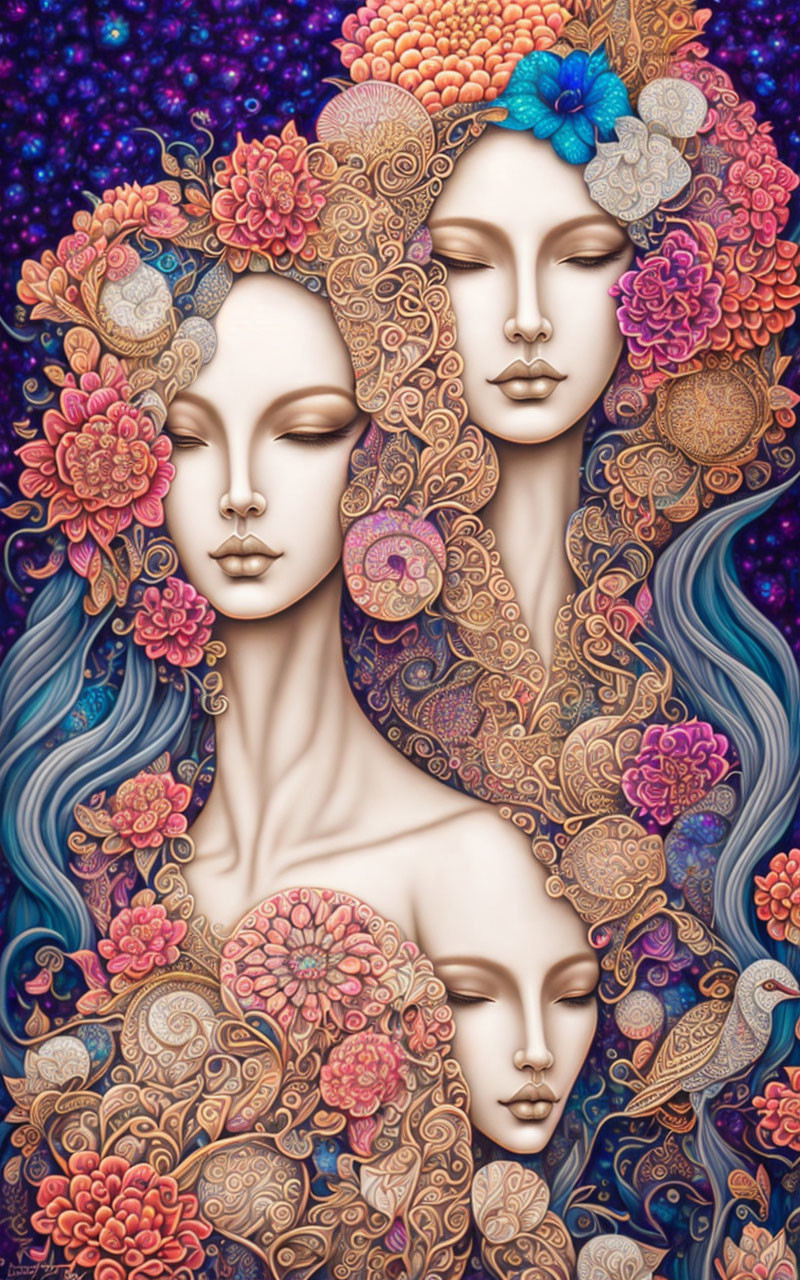 Stylized feminine faces with intricate floral and celestial motifs