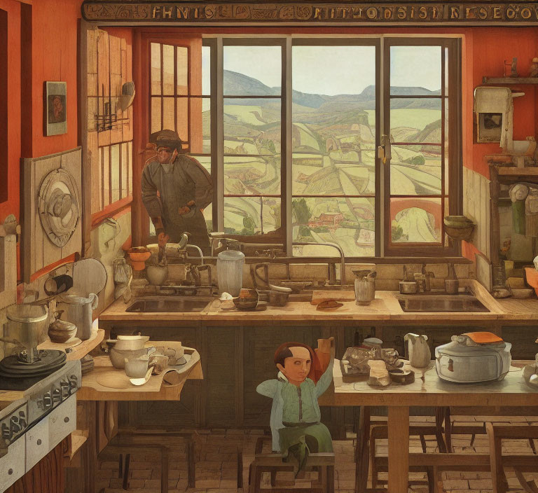 Man cooking in rustic kitchen with child playing, overlooking countryside hills