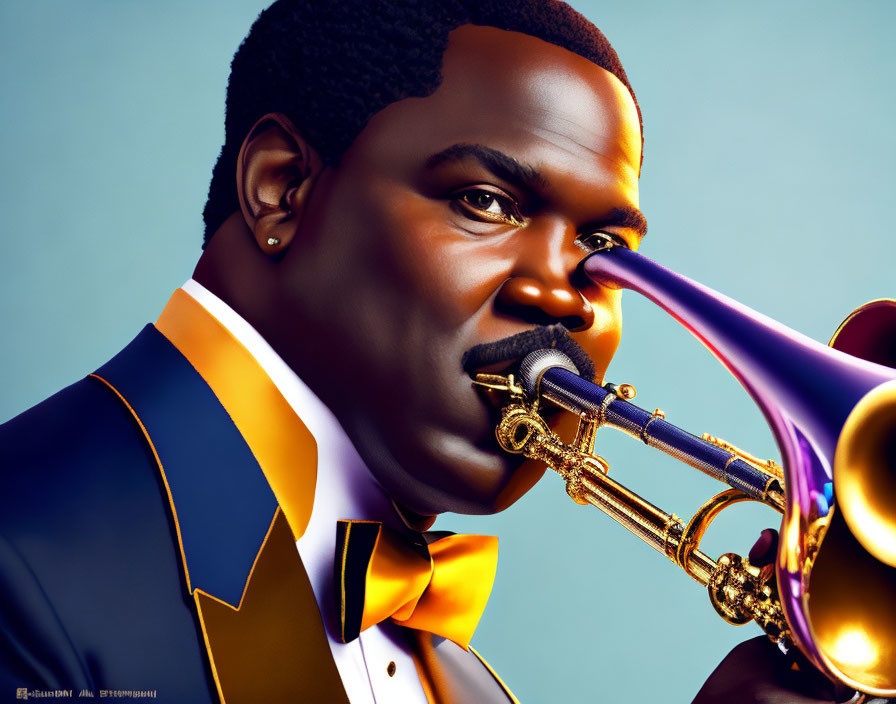 Stylized digital portrait of man playing trumpet in blue and yellow suit