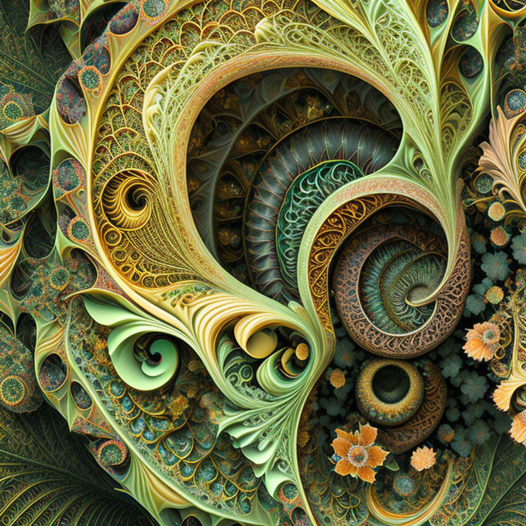 Detailed Fractal Art: Swirling Green, Gold, and Brown Organic Patterns