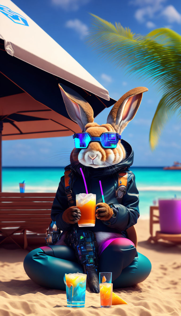 Anthropomorphic rabbit in leather jacket and sunglasses on sandy beach with drinks.