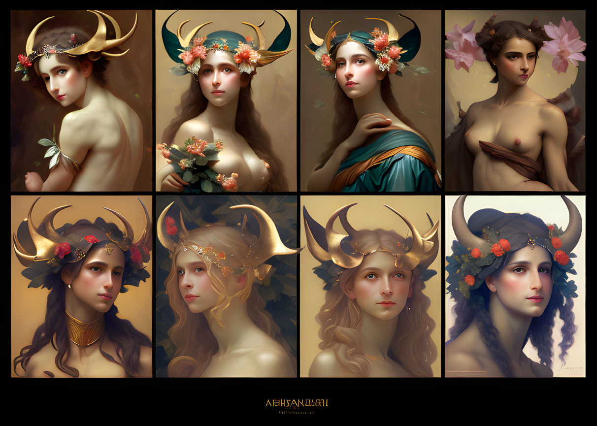 Collection of Women Portraits with Ornate Horns and Floral Decorations