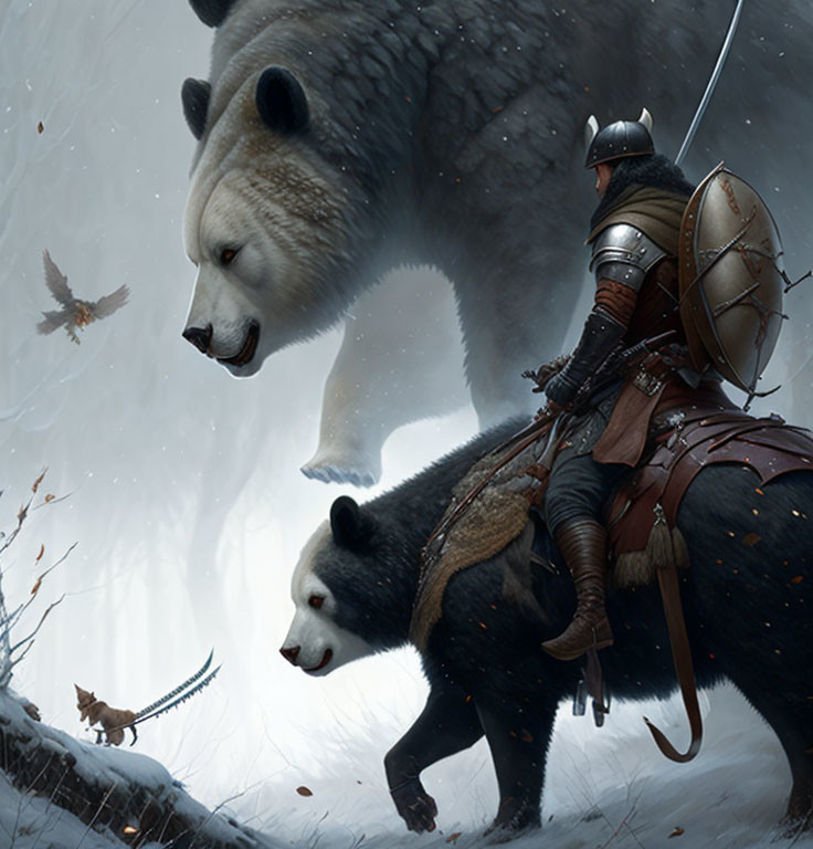 Knight on Bear with Spirit Bear in Snowy Forest with Cat and Birds