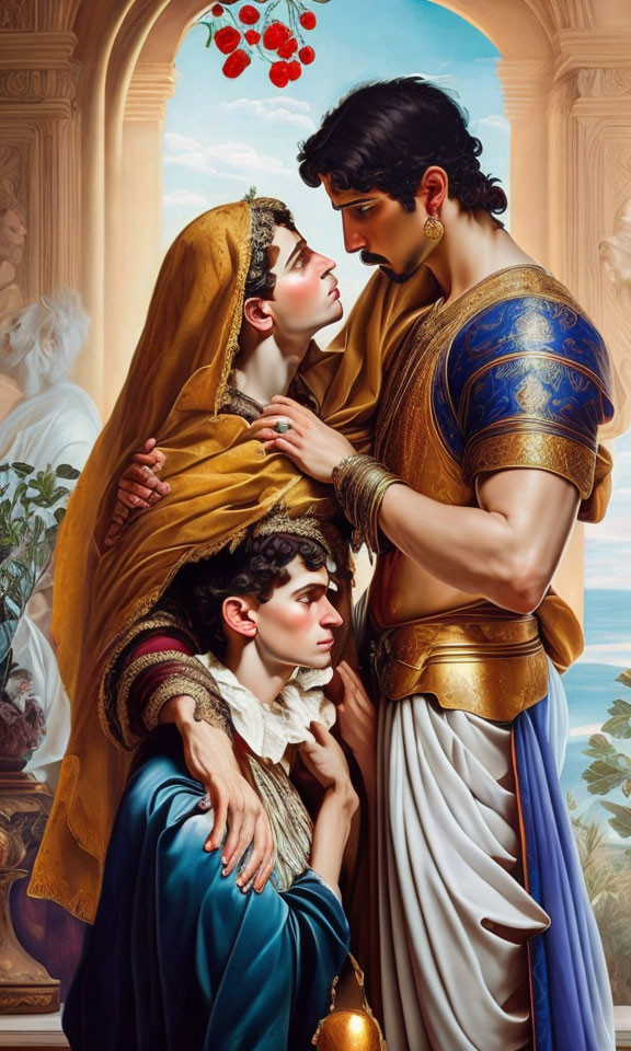 Classical painting of woman in golden veil embracing warrior with young man in blue under archway