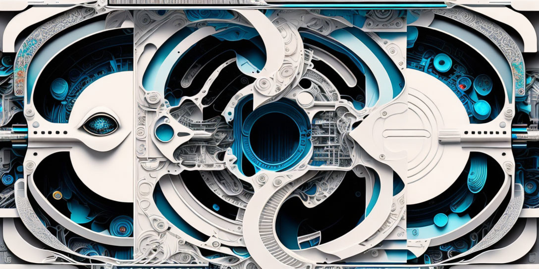 Symmetrical Abstract Digital Art: Blue & White Mechanical Patterns