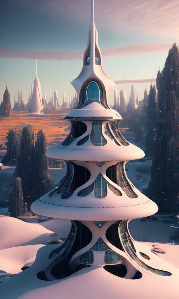 Futuristic cityscape with sleek tower-like structures and tall spires under a warm glowing sky