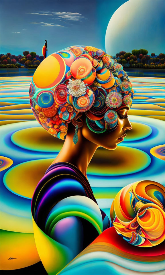 Colorful surreal painting of woman with floral head and moonlit landscape