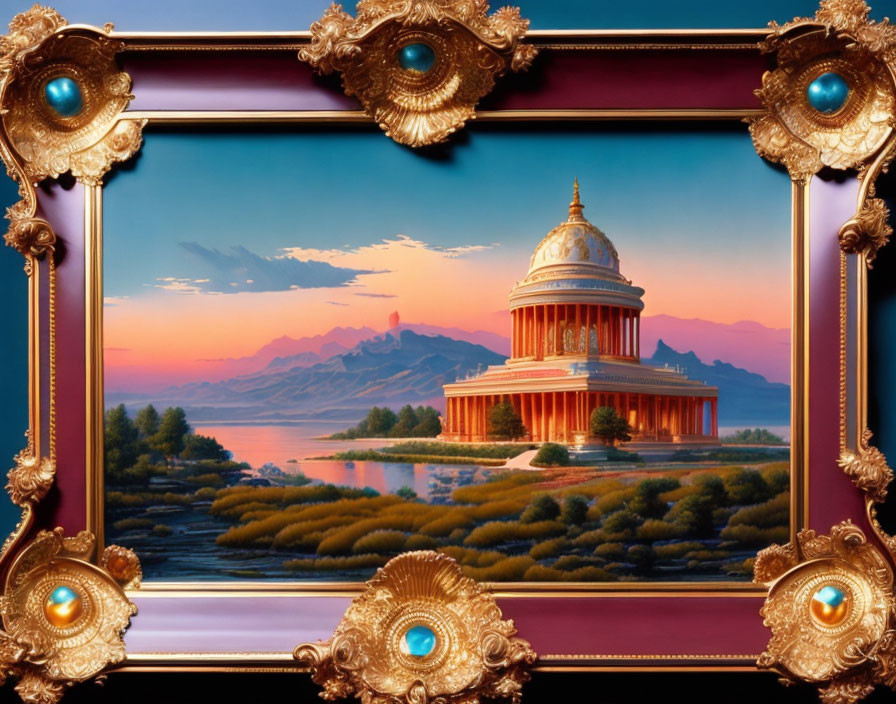 Golden Frame with Neoclassical Building Painting in Sunset Landscape