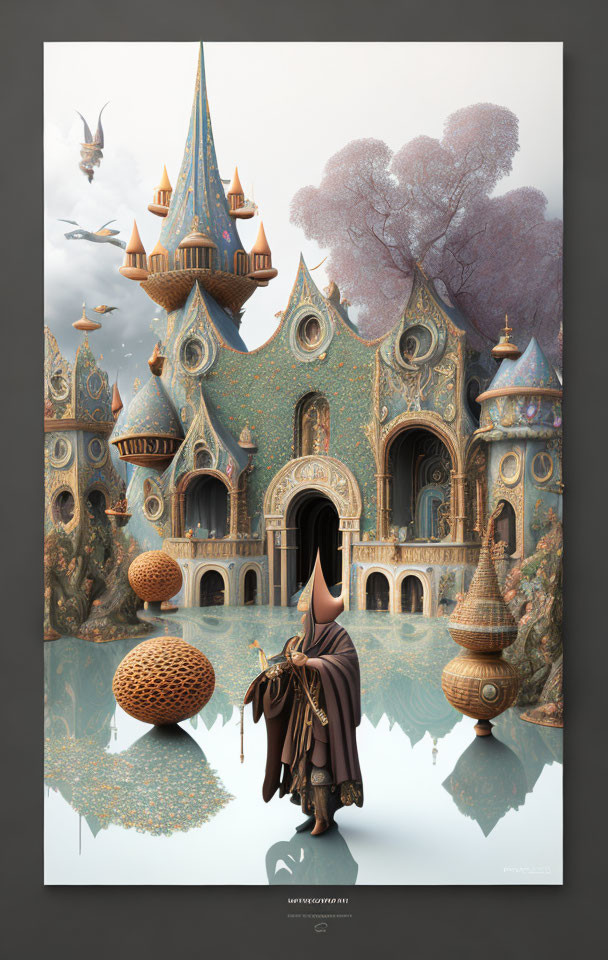 Cloaked figure in front of ornate castle under surreal sky