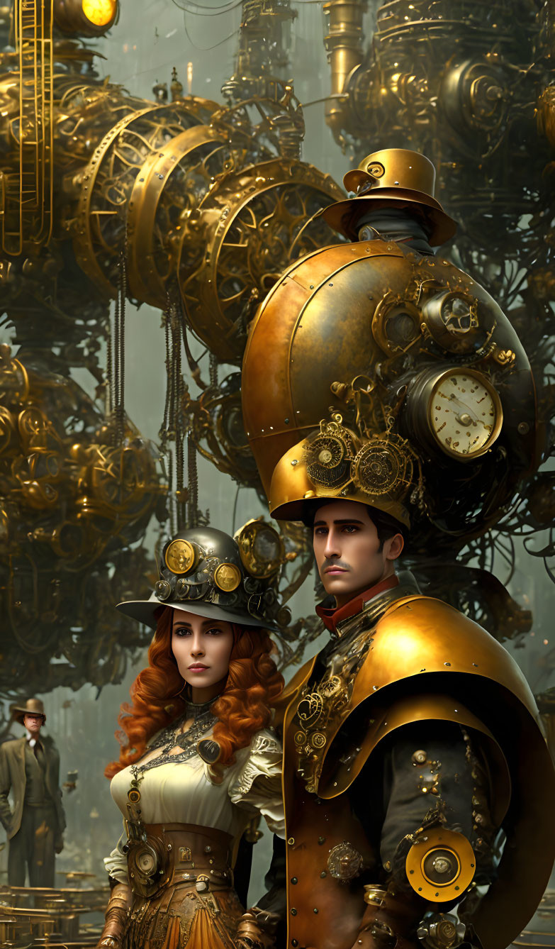 Steampunk-themed illustration of man and woman in Victorian attire with brass goggles and clocks.