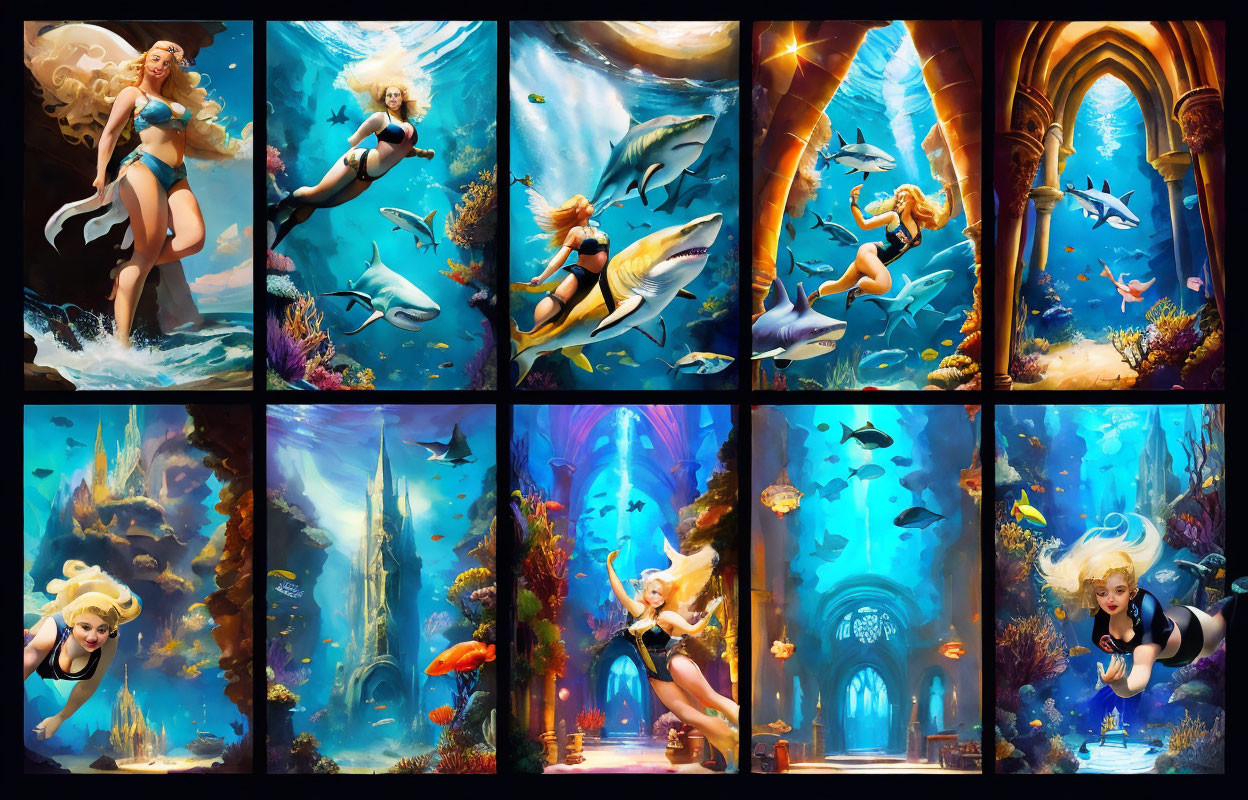 Fantasy underwater world with blonde female and aquatic creatures