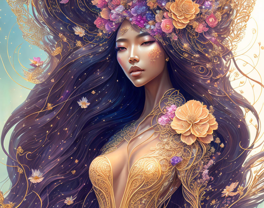 Illustration of woman with dark hair, adorned with flowers and golden sparkles