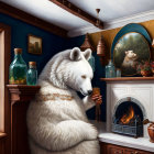 Anthropomorphic white wolf in cozy rustic room with fireplace & vintage decorations