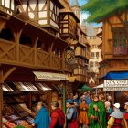 Medieval marketplace with colorful stalls and bustling crowds