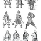 Collection of Nine Armored Knight Designs with Various Helmets, Weapons, and Cloaks on White Background