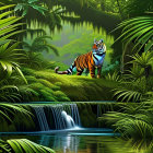 Colorful Jungle Scene with Waterfall and Lush Foliage