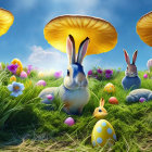 Colorful Easter scene with rabbits, mushrooms, and eggs in vibrant field