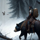 Knight on Bear with Spirit Bear in Snowy Forest with Cat and Birds