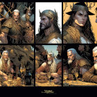 Illustrated Viking characters in various scenes: warriors in intricate armor, with braided hair, conversing