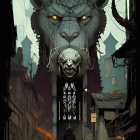 Man standing before lion-headed door in Gothic alleyway