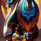 Colorful digital artwork: Ornate animal figures in vibrant blues, yellows, and oranges on warm