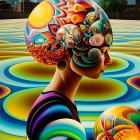 Colorful surreal painting of woman with floral head and moonlit landscape