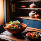 Elegant Traditional Japanese Meal on Wooden Table