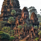 Stone Buddha head in front of ancient temple at dusk