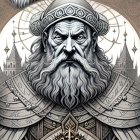 Regal bearded man in crown on intricate poster.