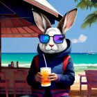 Whimsical rabbit illustration with human-like arms on beach sipping drink