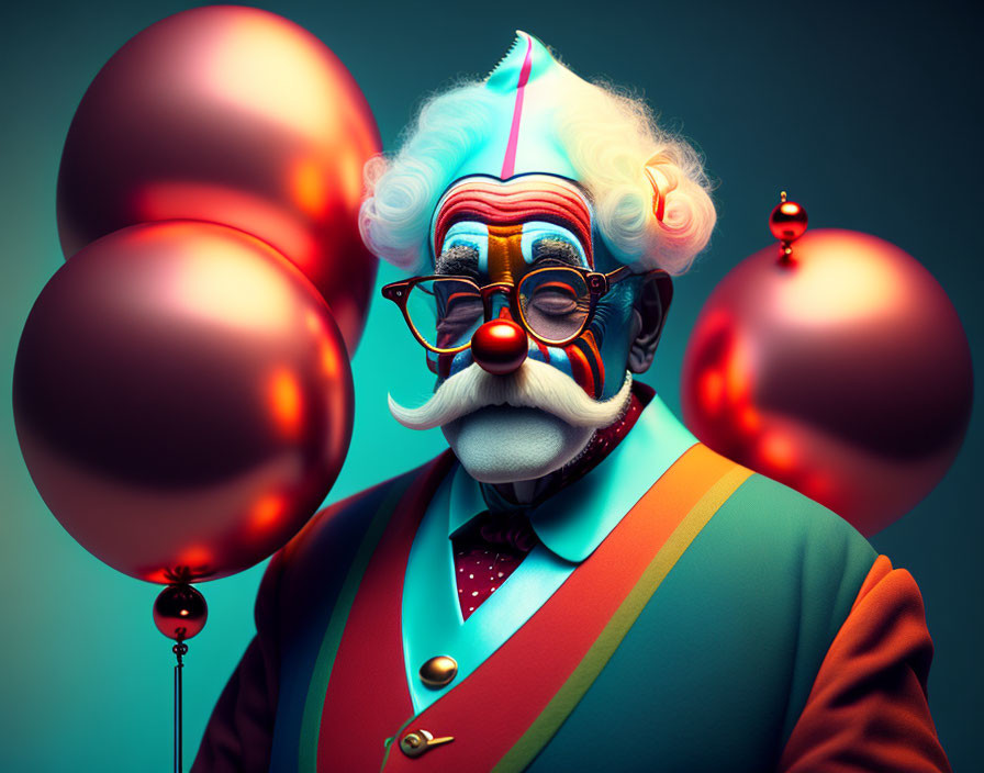 Colorful clown with balloons on teal background