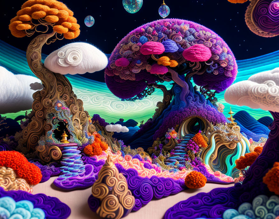 Colorful psychedelic digital art: Mushroom structures, swirling patterns, floating orbs in starry sky