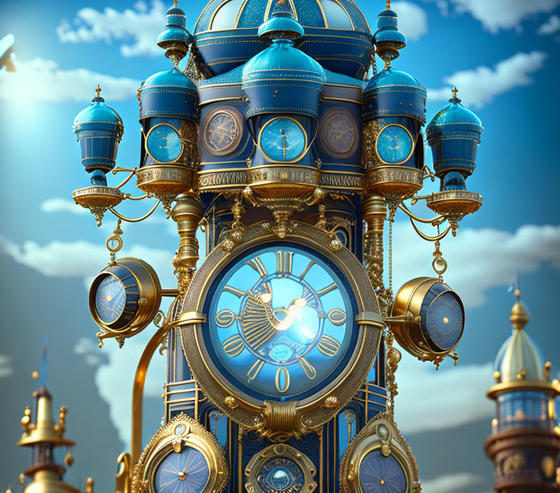 Ornate Clock Tower with Blue Domes and Golden Accents