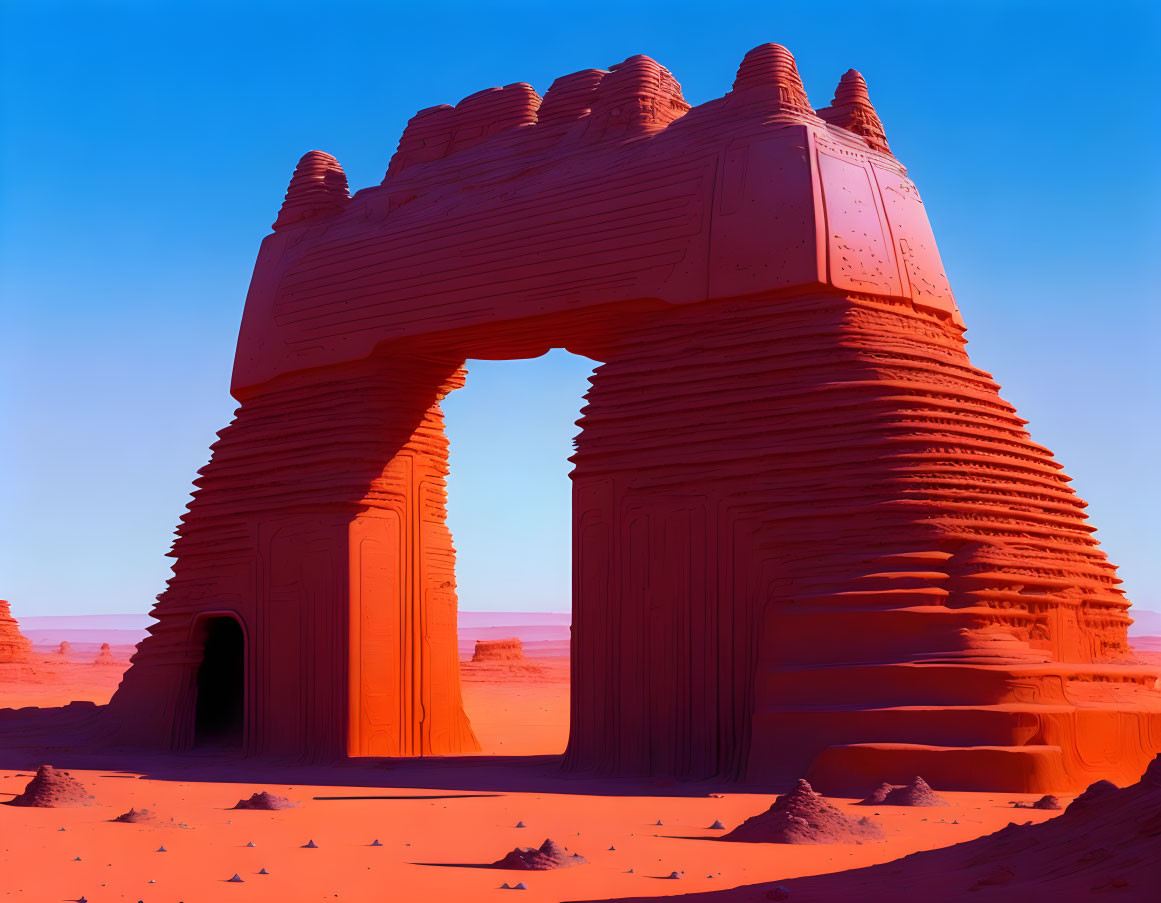 Futuristic red sandstone arch with intricate carvings in desert landscape