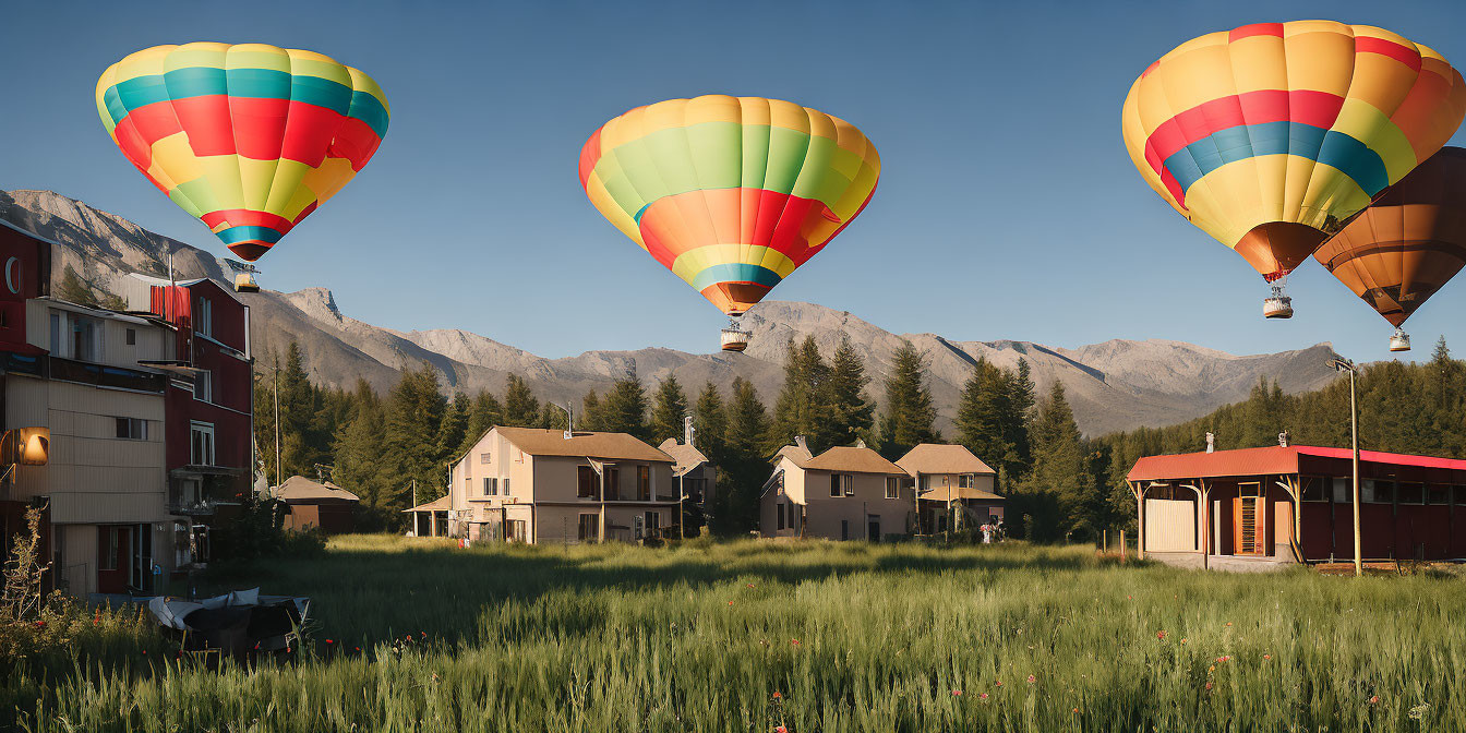 Colorful hot air balloons above residential area and mountains in clear blue sky