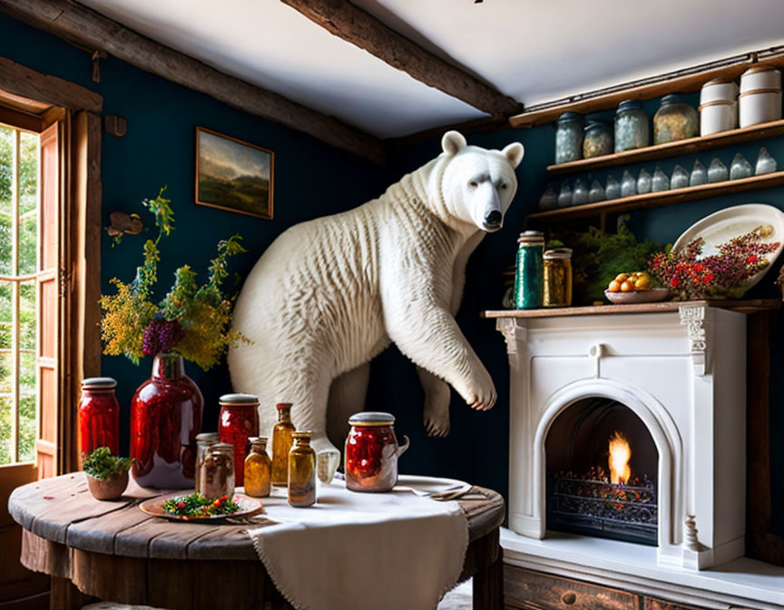 Polar bear on dining table in cozy rustic room