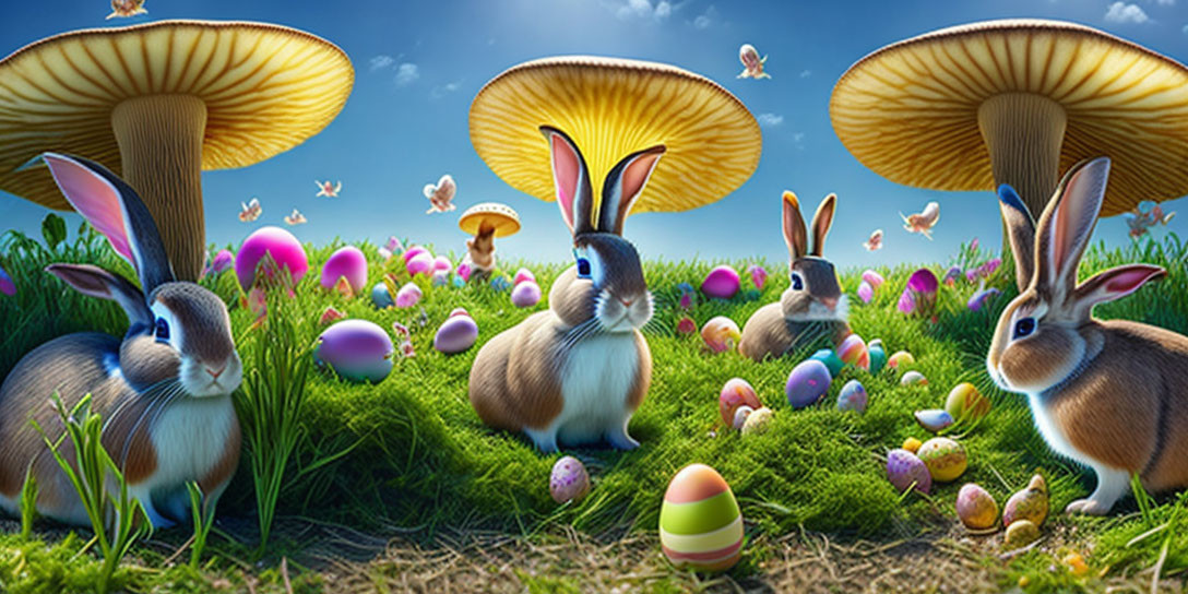 Colorful Easter scene with rabbits, mushrooms, and eggs in vibrant field