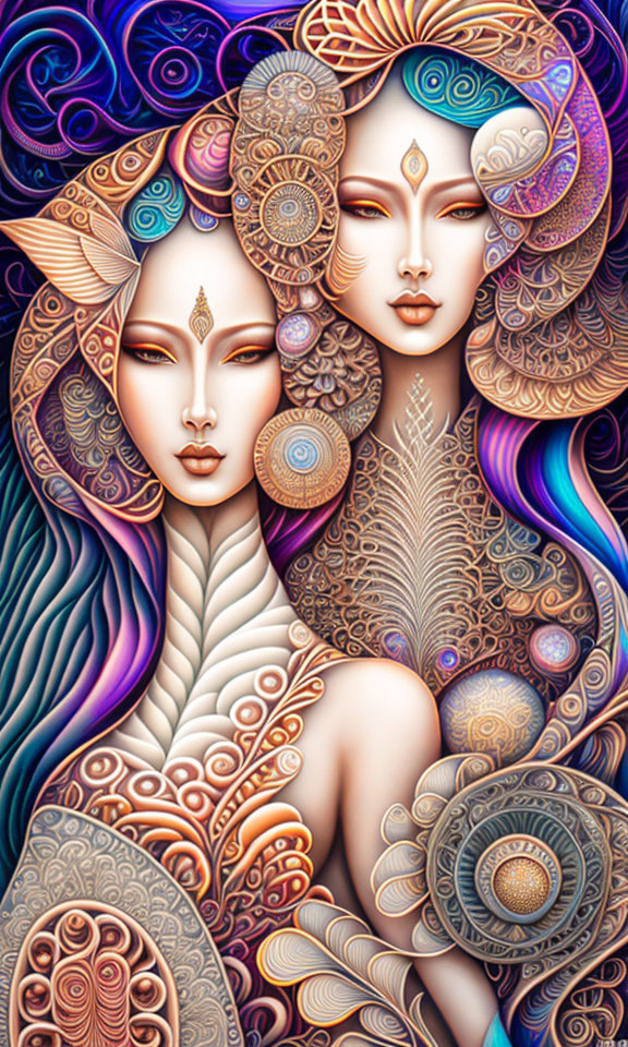 Stylized mystical female figures with intricate patterns and peacock feather accents