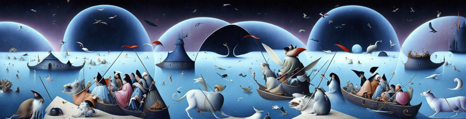 Panoramic surreal artwork: domed islands, boats, characters, animals, twilight sky.