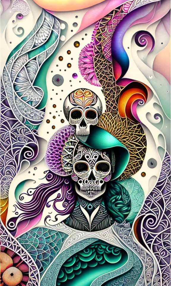 Colorful Psychedelic Artwork Featuring Ornate Patterns and Decorated Skulls