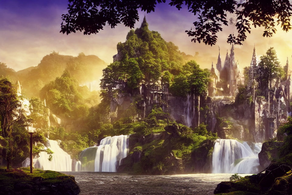 Majestic castle on lush cliff with waterfalls at sunset