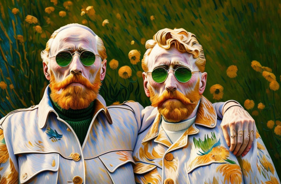 Stylized men with red beards in patterned jackets by sunflower field