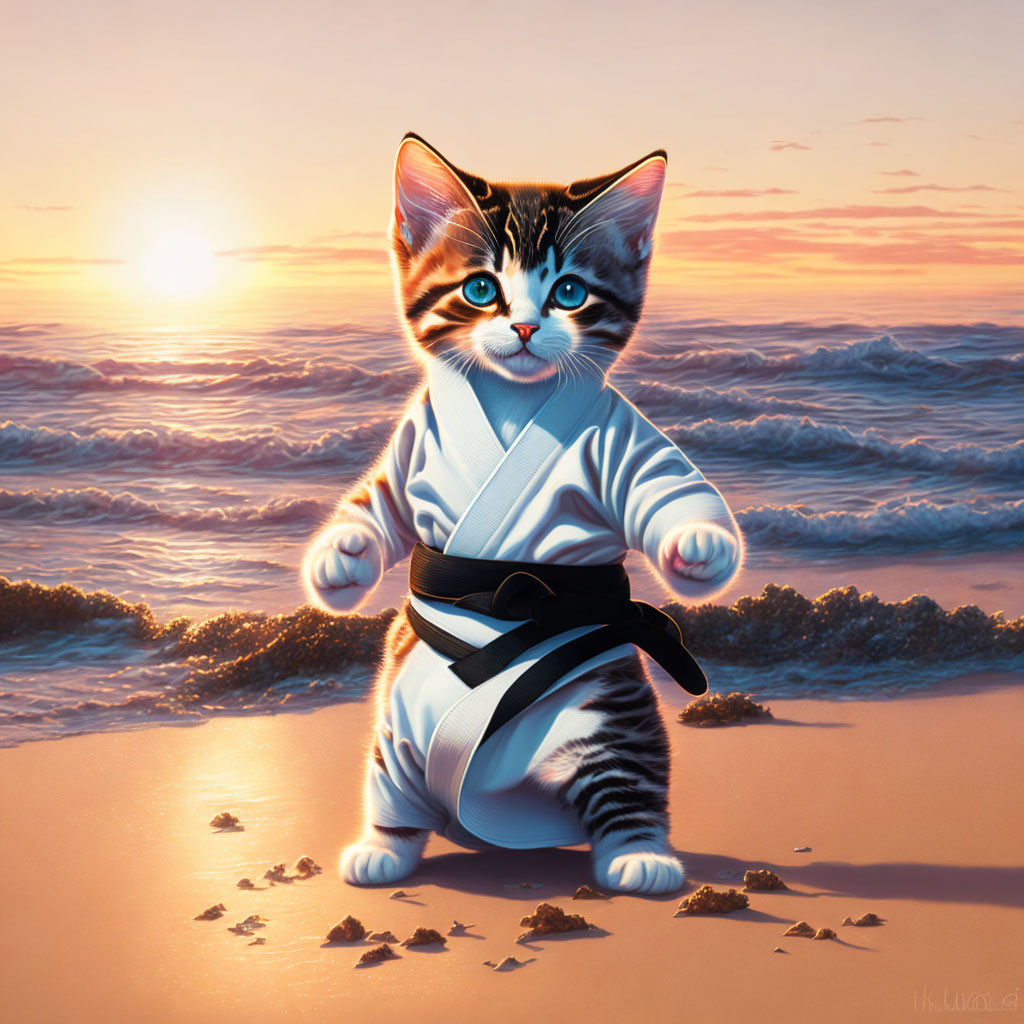 Karate kitten on beach at sunset with waves and sun.